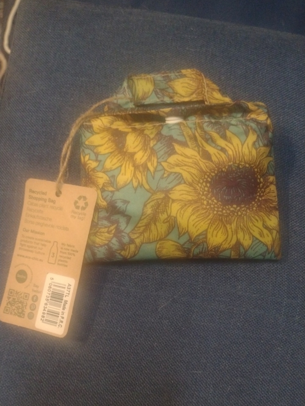 Eco Chic Sunflower Print Compact Folding Shopping Bag - Teal & Yellow